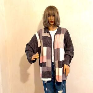 Dressbarn Woman Pink Cream Gray Patchwork Long Sleeve Zip Front Cardigan 18/20